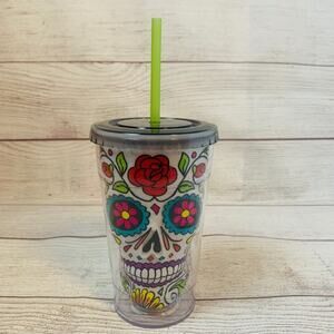 Day of the Dead Tumbler White Skeleton Skull Colorful Flowers Gray Lid 18oz NEW